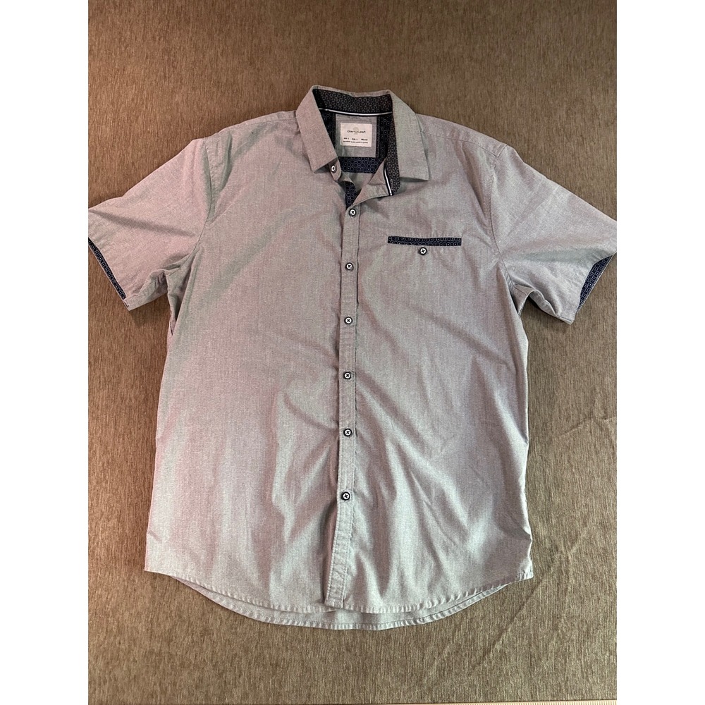 Craft + Flow Mens Short Sleeve Button Down‎ Shirt Grey Contrast Trim Large